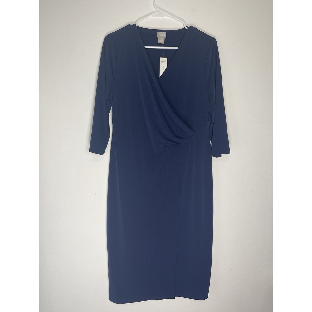 Chico's Navy Solid Midi Faux Wrap Dress Sz 8/10 New! Career Office Professional